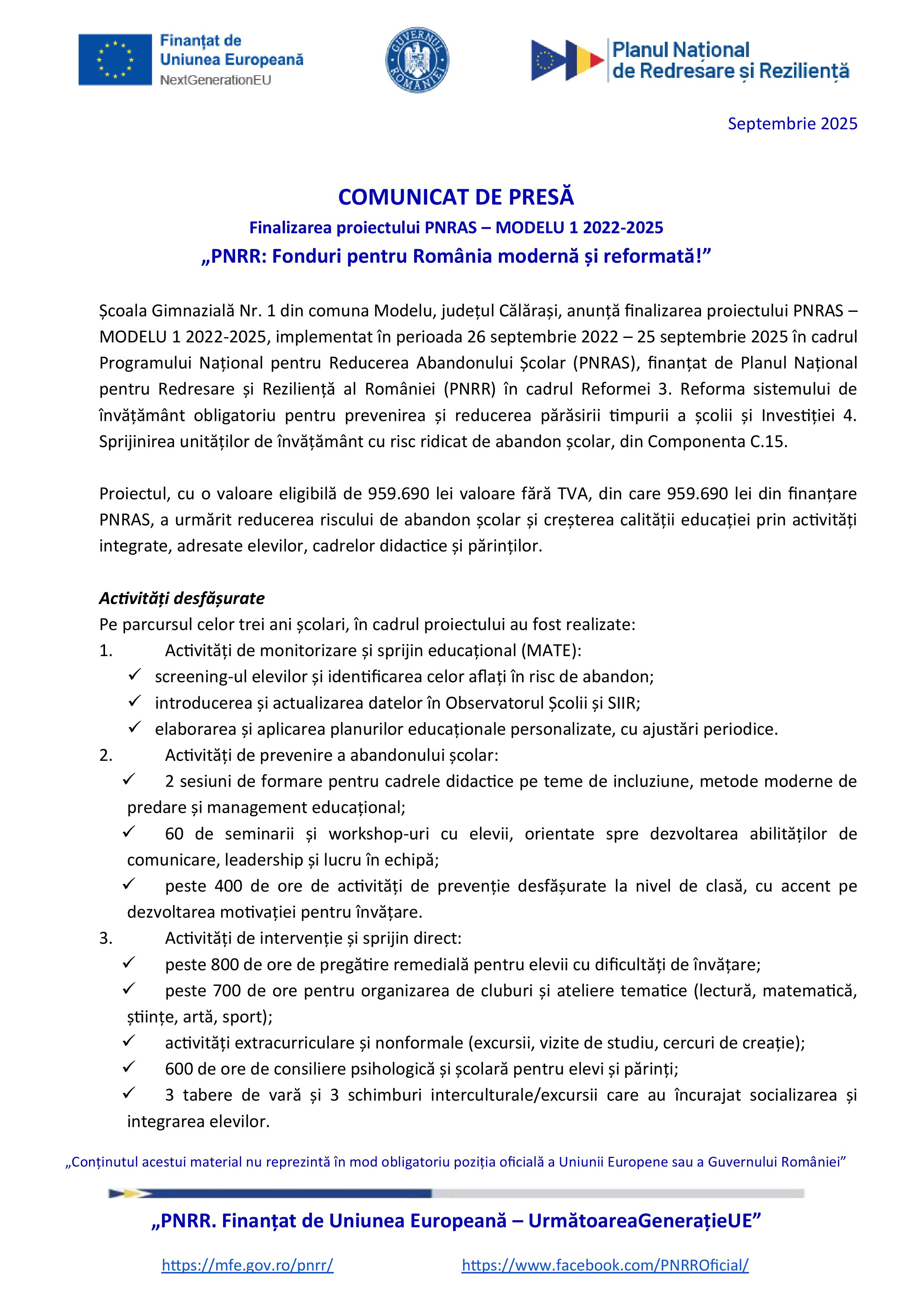 COMUNICAT DE PRESĂ Finalizarea proiectului PNRAS – MODELU 1 2022-2025